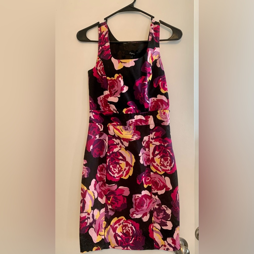 Express Floral Roses Print Black, Pink and Purple Sleeveless Cotton Sheath Dress